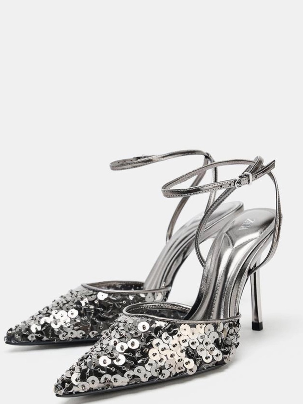 Zara High-Heeled Sequin Shoes Strappy Gray Silver Pointed Toe Size 9 NWT